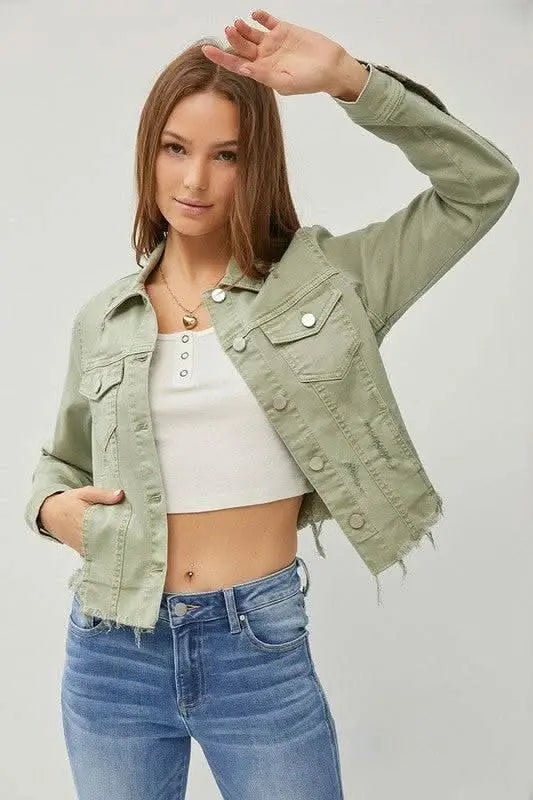 RISEN Full Size Raw Hem Button Up Cropped Denim Jacket Plus Size - Sleekdenim.com