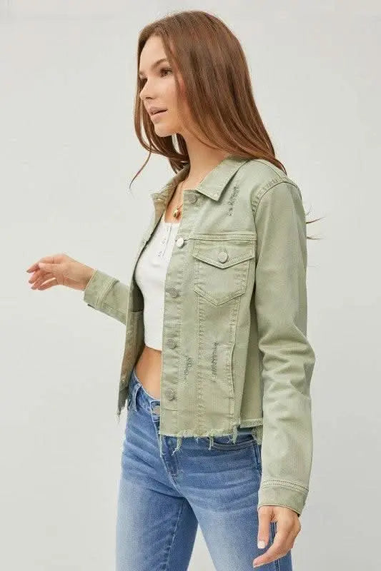 RISEN Full Size Raw Hem Button Up Cropped Denim Jacket Plus Size - Sleekdenim.com