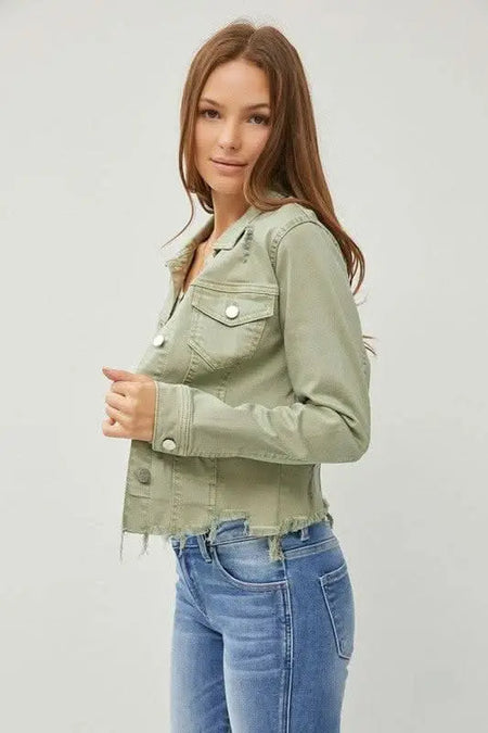 RISEN Full Size Raw Hem Button Up Cropped Denim Jacket Plus Size - Sleekdenim.com