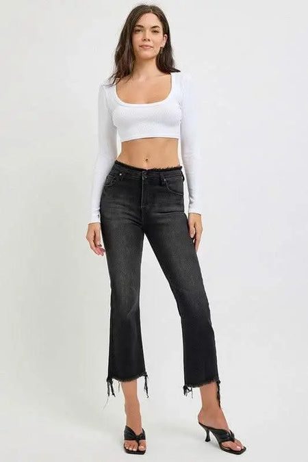 RISEN Full Size Raw Hem Cropped Flare Jeans Plus Size - Sleekdenim.com