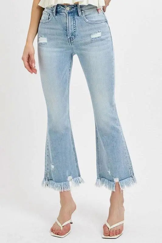 RISEN Full Size Raw Hem Distressed Cropped Flare Jeans Plus Size - Sleekdenim.com