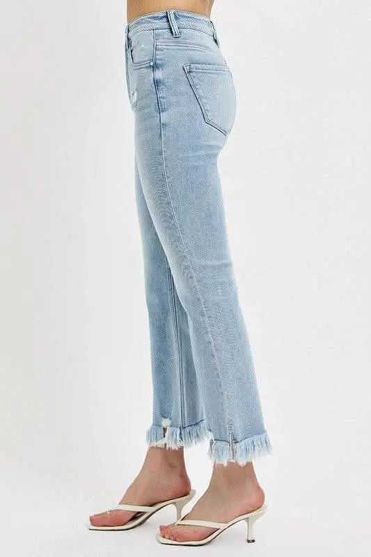 RISEN Full Size Raw Hem Distressed Cropped Flare Jeans Plus Size - Sleekdenim.com