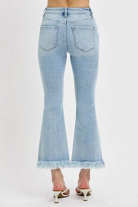 RISEN Full Size Raw Hem Distressed Cropped Flare Jeans Plus Size - Sleekdenim.com