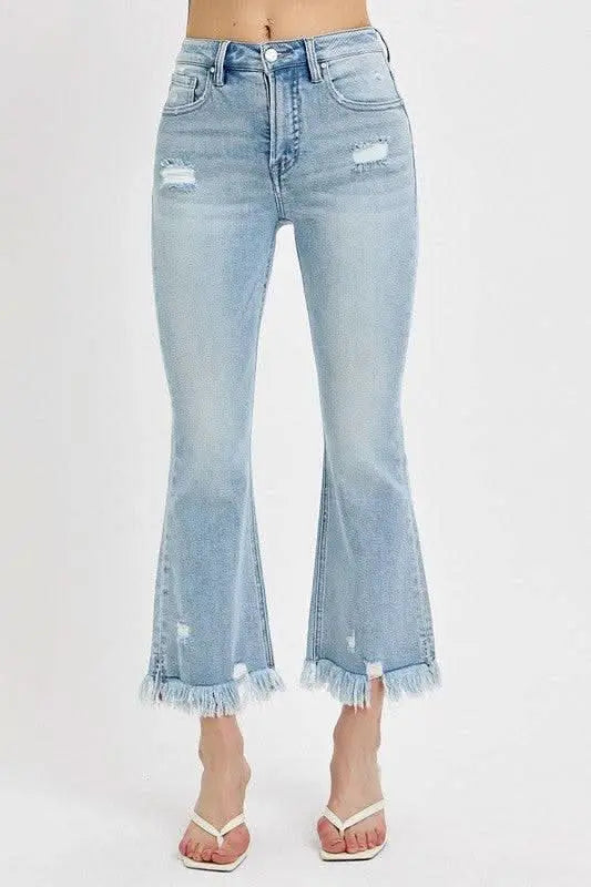 RISEN Full Size Raw Hem Distressed Cropped Flare Jeans Plus Size - Sleekdenim.com