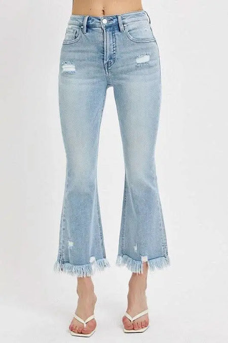 RISEN Full Size Raw Hem Distressed Cropped Flare Jeans Plus Size - Sleekdenim.com