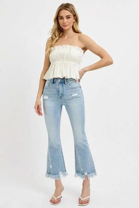 RISEN Full Size Raw Hem Distressed Cropped Flare Jeans Plus Size - Sleekdenim.com