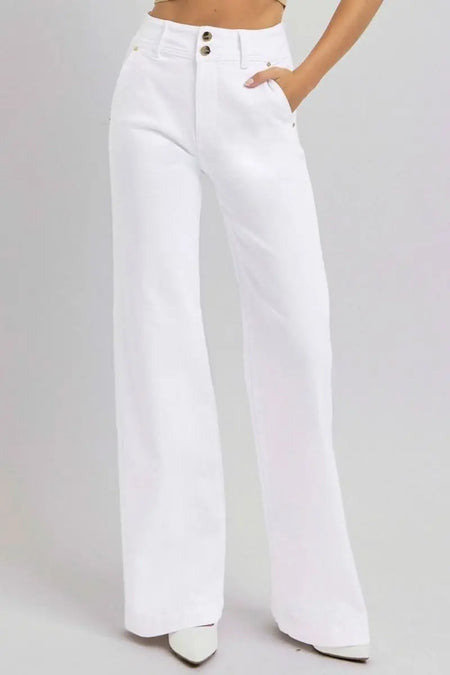 RISEN Full Size Tummy Control Double Button Wide Leg Jeans - Sleekdenim.com