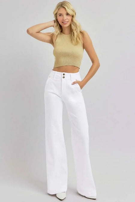 RISEN Full Size Tummy Control Double Button Wide Leg Jeans - Sleekdenim.com