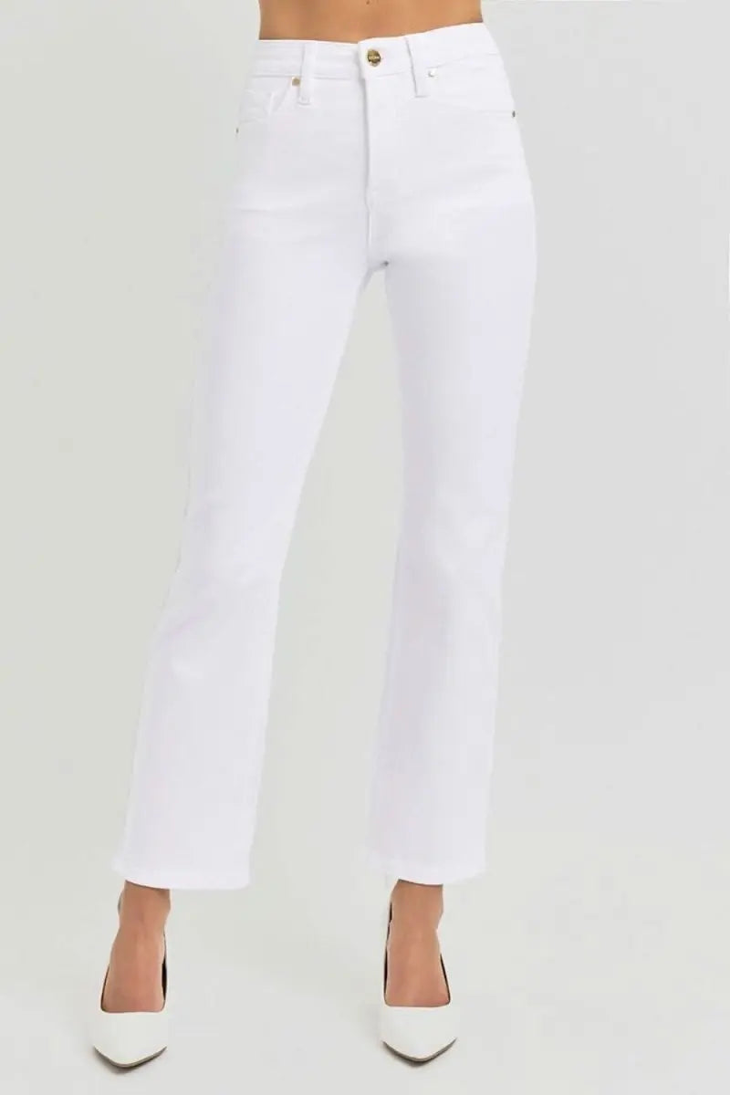 RISEN Full Size Tummy Control Elastic Band High Rise Crop Straight Jeans - Sleekdenim.com