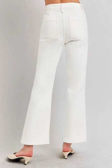 RISEN High Rise Ankle Flare Jeans with Patch Pockets - Sleekdenim.com