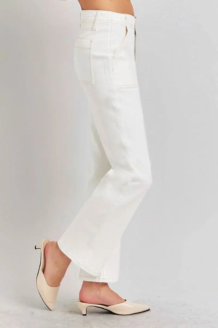 RISEN High Rise Ankle Flare Jeans with Patch Pockets - Sleekdenim.com