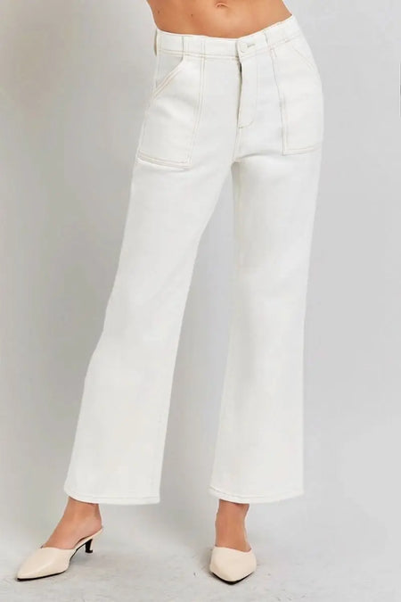 RISEN High Rise Ankle Flare Jeans with Patch Pockets - Sleekdenim.com