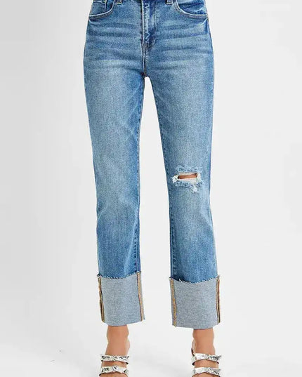 RISEN High Rise Ankle Straight Wide Cuffed Jeans - Sleekdenim.com