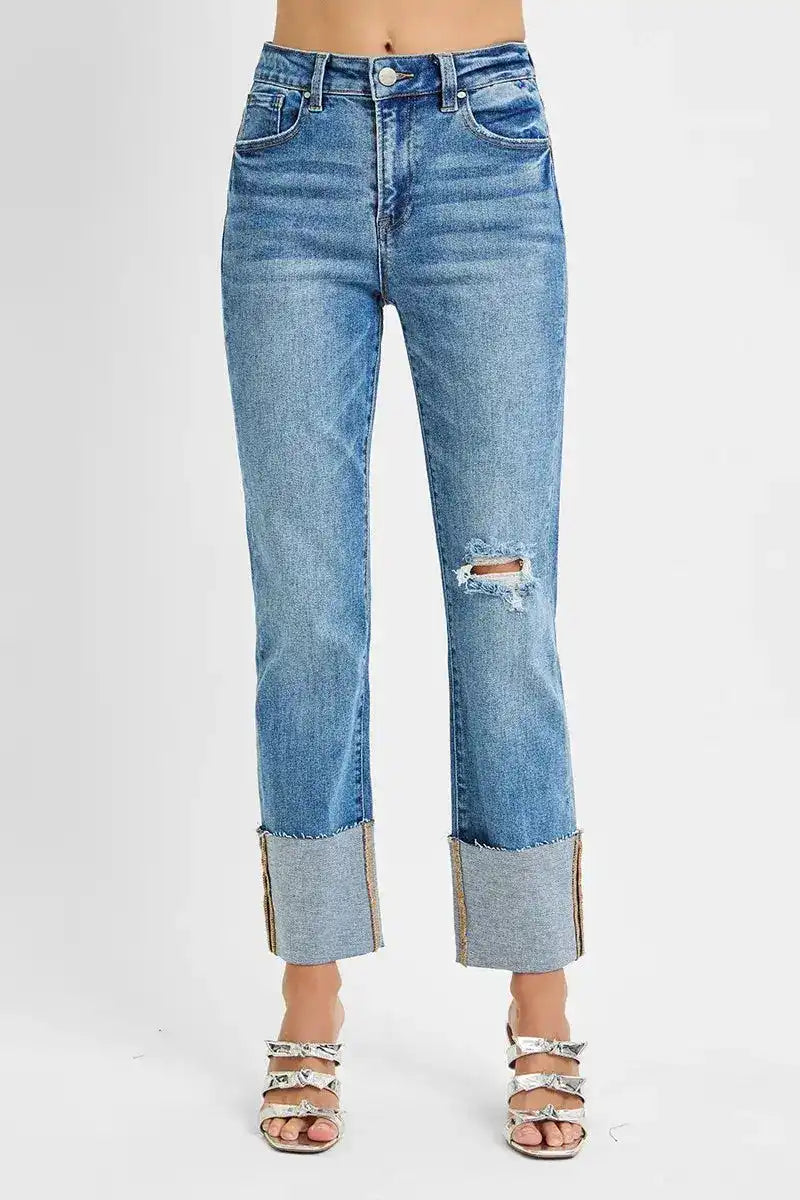 RISEN High Rise Ankle Straight Wide Cuffed Jeans - Sleekdenim.com