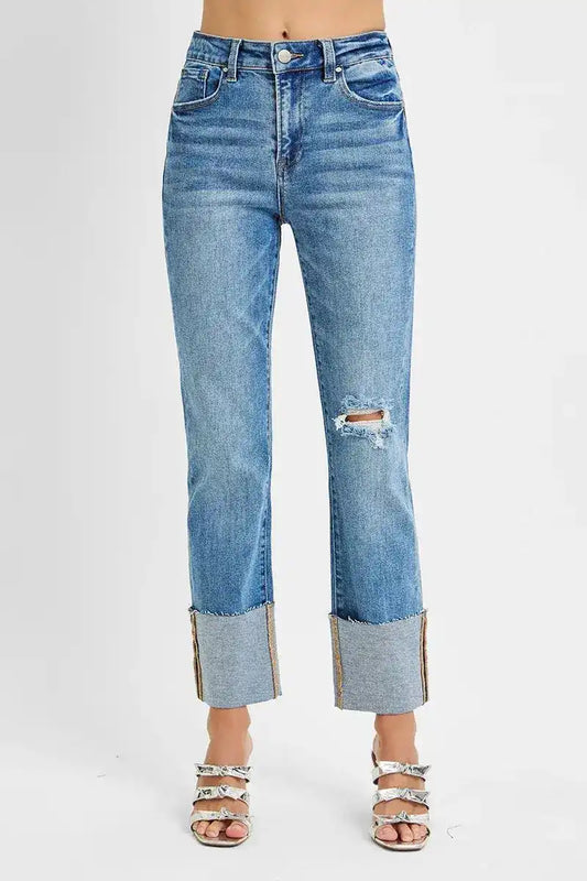 RISEN High Rise Ankle Straight Wide Cuffed Jeans - Sleekdenim.com