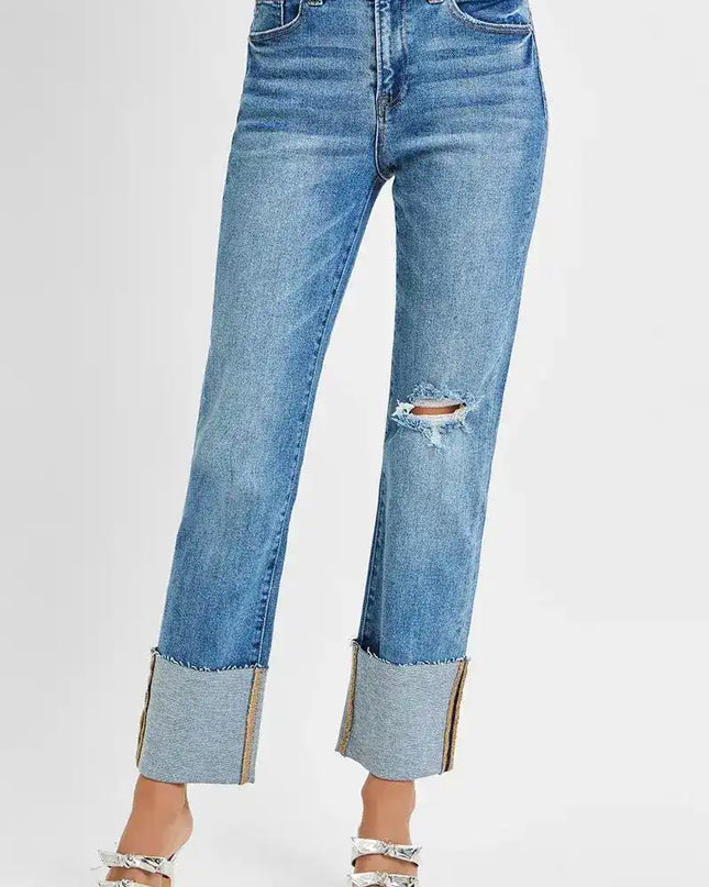 RISEN High Rise Ankle Straight Wide Cuffed Jeans - Sleekdenim.com