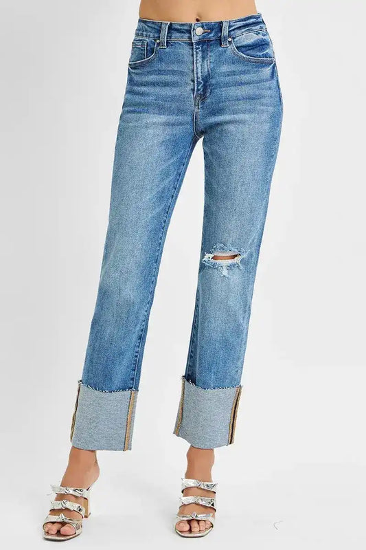 RISEN High Rise Ankle Straight Wide Cuffed Jeans - Sleekdenim.com