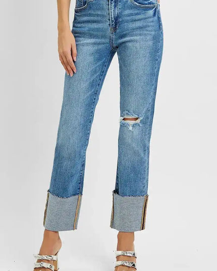 RISEN High Rise Ankle Straight Wide Cuffed Jeans - Sleekdenim.com