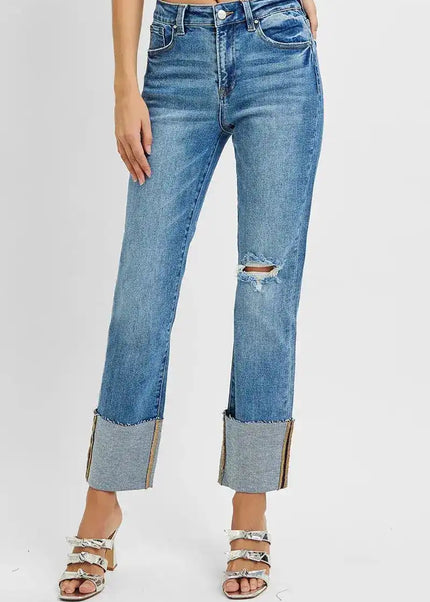 RISEN High Rise Ankle Straight Wide Cuffed Jeans - Sleekdenim.com