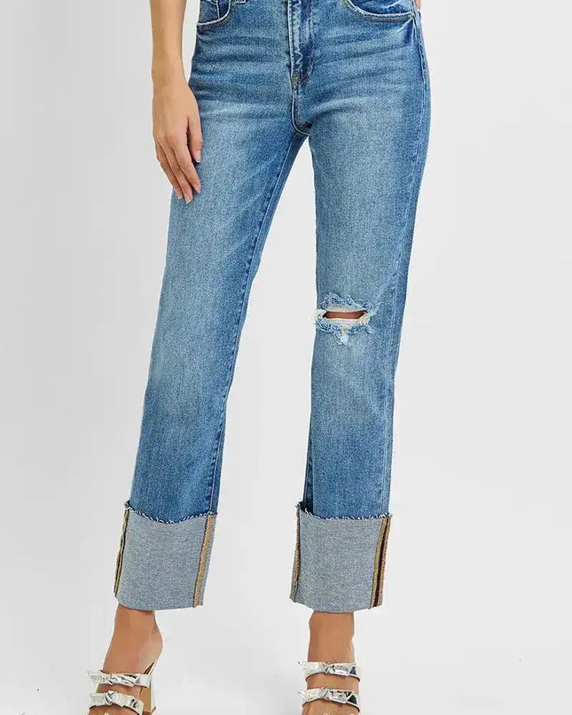 RISEN High Rise Ankle Straight Wide Cuffed Jeans - Sleekdenim.com