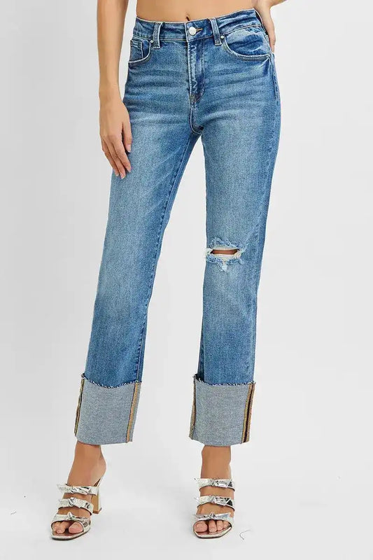 RISEN High Rise Ankle Straight Wide Cuffed Jeans - Sleekdenim.com