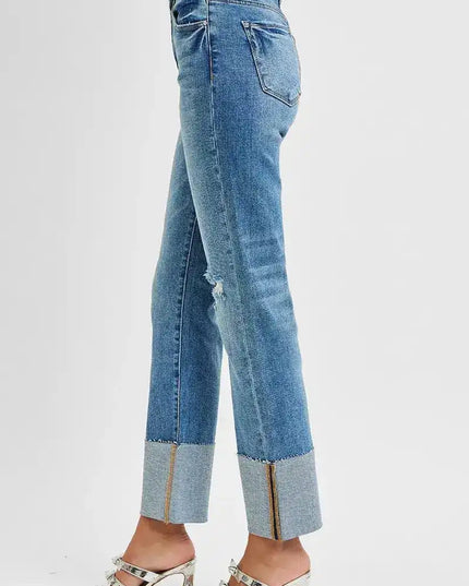 RISEN High Rise Ankle Straight Wide Cuffed Jeans - Sleekdenim.com