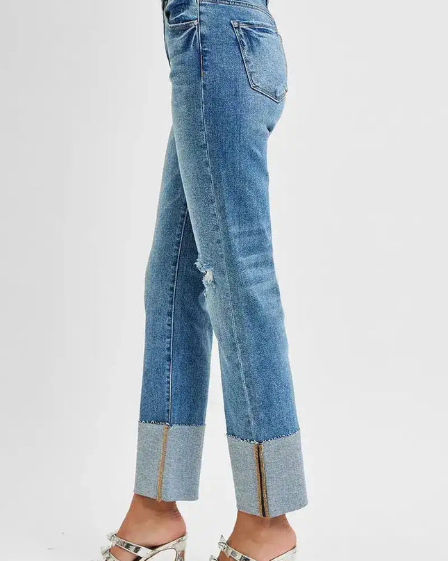 RISEN High Rise Ankle Straight Wide Cuffed Jeans - Sleekdenim.com