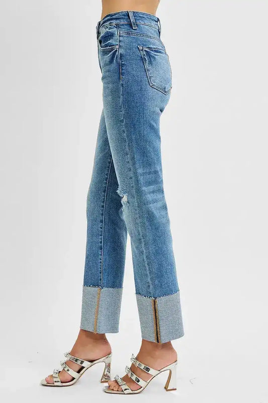 RISEN High Rise Ankle Straight Wide Cuffed Jeans - Sleekdenim.com