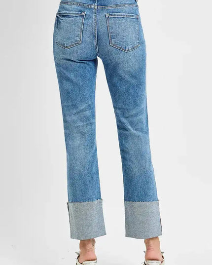 RISEN High Rise Ankle Straight Wide Cuffed Jeans - Sleekdenim.com