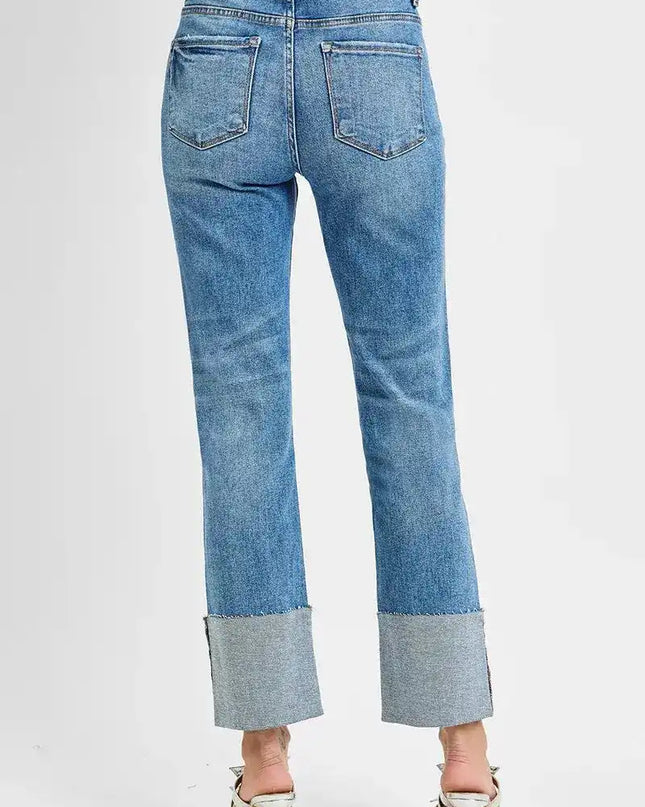 RISEN High Rise Ankle Straight Wide Cuffed Jeans - Sleekdenim.com
