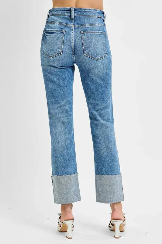 RISEN High Rise Ankle Straight Wide Cuffed Jeans - Sleekdenim.com