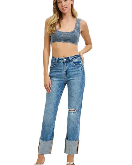 RISEN High Rise Ankle Straight Wide Cuffed Jeans - Sleekdenim.com
