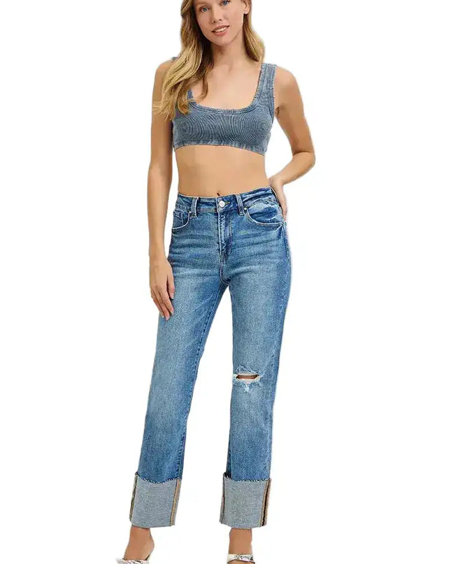 RISEN High Rise Ankle Straight Wide Cuffed Jeans - Sleekdenim.com