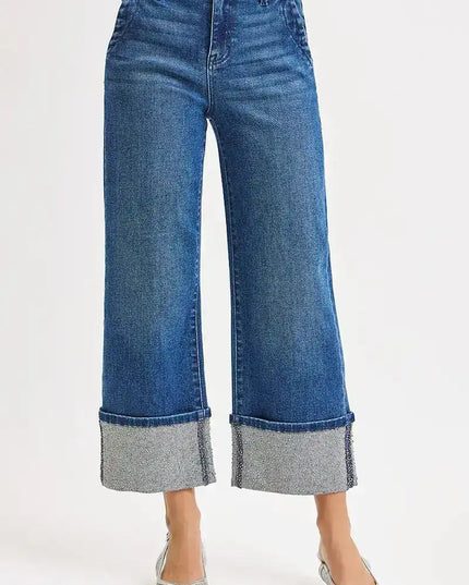 RISEN High Rise Ankle Wide Rhine Stone Cuffed Jeans - Sleekdenim.com