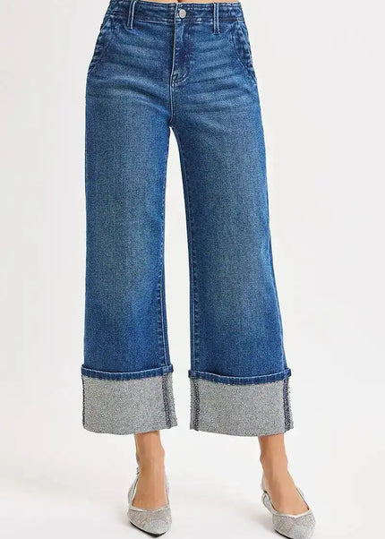 RISEN High Rise Ankle Wide Rhine Stone Cuffed Jeans - Sleekdenim.com