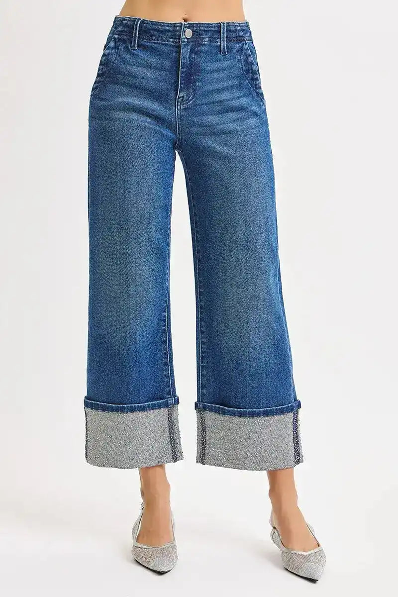 RISEN High Rise Ankle Wide Rhine Stone Cuffed Jeans - Sleekdenim.com