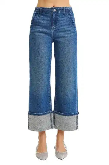 RISEN High Rise Ankle Wide Rhine Stone Cuffed Jeans - Sleekdenim.com