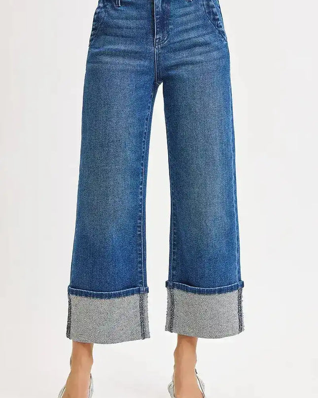 RISEN High Rise Ankle Wide Rhine Stone Cuffed Jeans - Sleekdenim.com