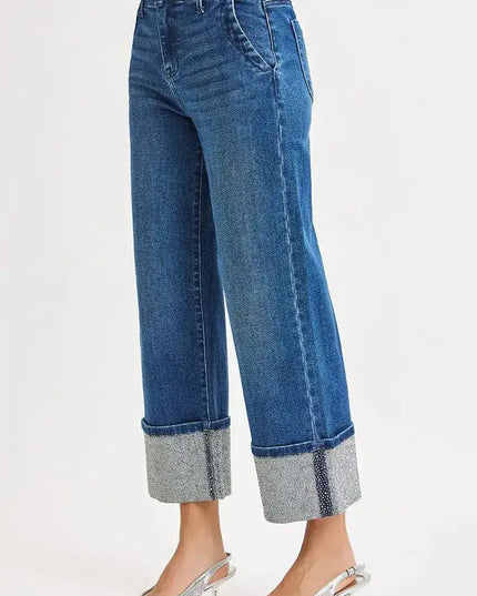 RISEN High Rise Ankle Wide Rhine Stone Cuffed Jeans - Sleekdenim.com