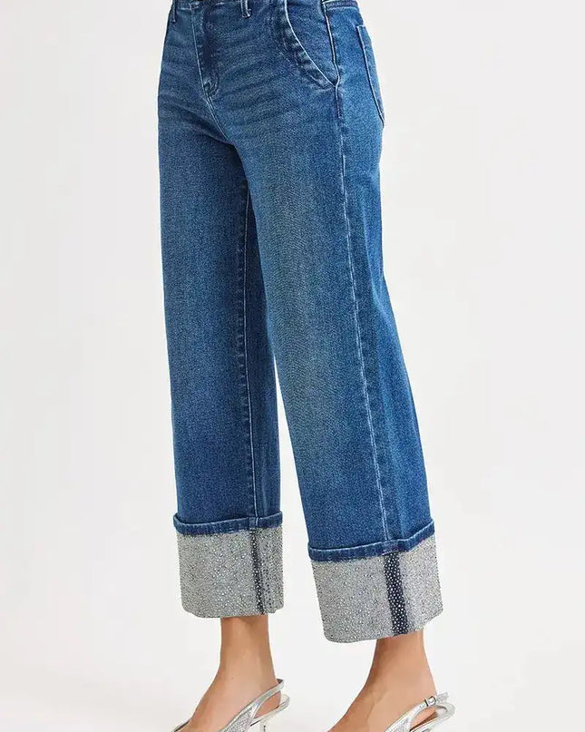 RISEN High Rise Ankle Wide Rhine Stone Cuffed Jeans - Sleekdenim.com