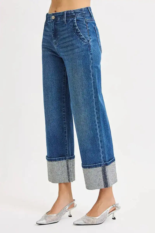 RISEN High Rise Ankle Wide Rhine Stone Cuffed Jeans - Sleekdenim.com
