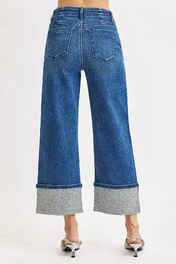 RISEN High Rise Ankle Wide Rhine Stone Cuffed Jeans - Sleekdenim.com