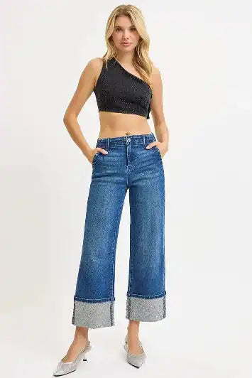 RISEN High Rise Ankle Wide Rhine Stone Cuffed Jeans - Sleekdenim.com