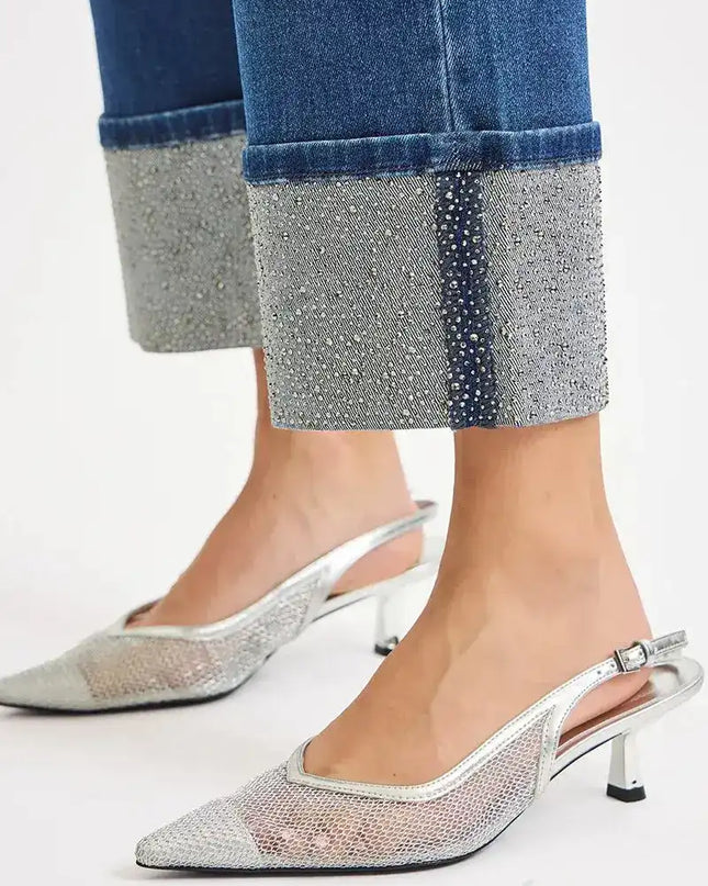 RISEN High Rise Ankle Wide Rhine Stone Cuffed Jeans - Sleekdenim.com