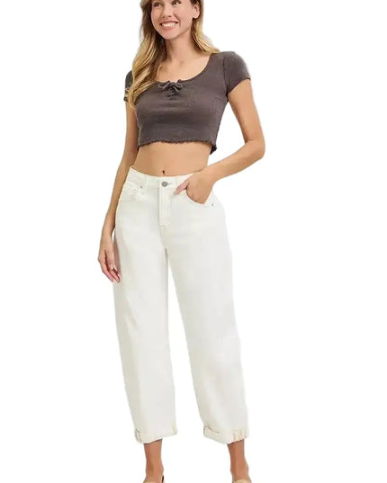 RISEN High Rise Barrel Cropped Jeans - Sleekdenim.com