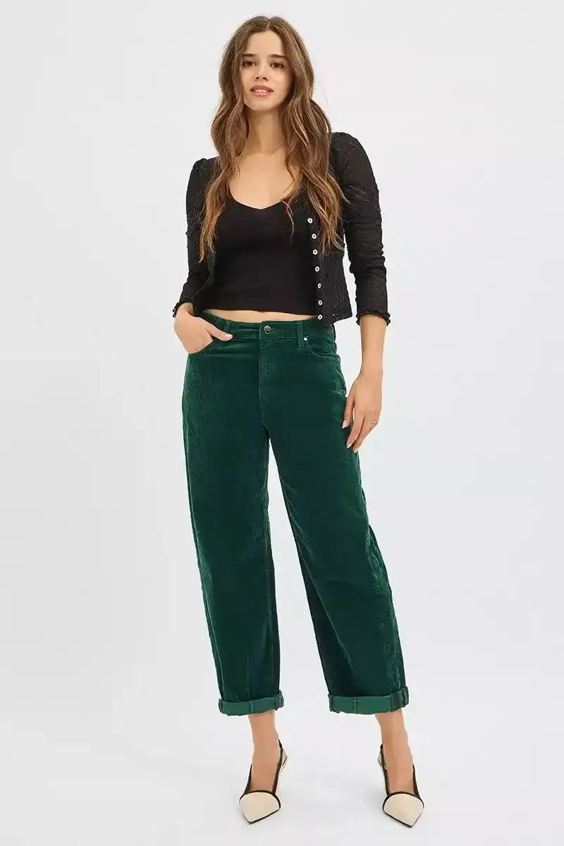 RISEN High Rise Crop Barrel Cordurory Pants - Sleekdenim.com