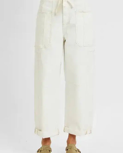 RISEN High Rise Crop Wide Barrel Cargo Pocket Jeans - Sleekdenim.com