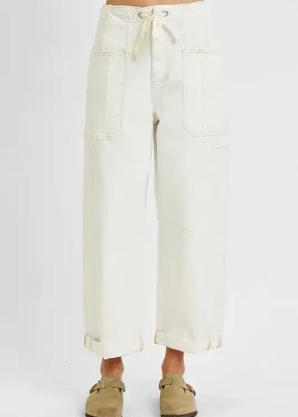 RISEN High Rise Crop Wide Barrel Cargo Pocket Jeans - Sleekdenim.com