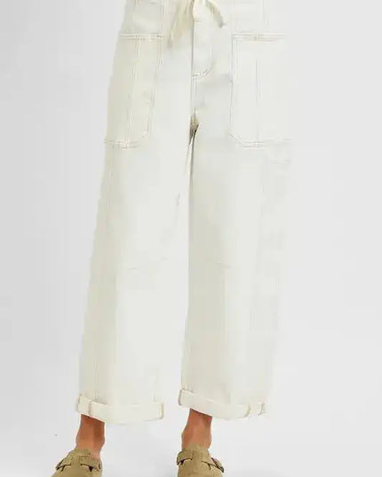 RISEN High Rise Crop Wide Barrel Cargo Pocket Jeans - Sleekdenim.com