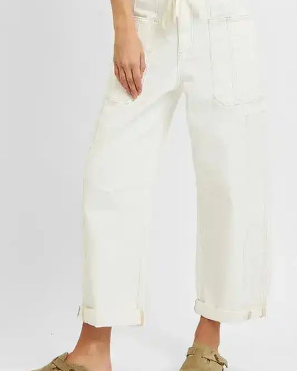 RISEN High Rise Crop Wide Barrel Cargo Pocket Jeans - Sleekdenim.com